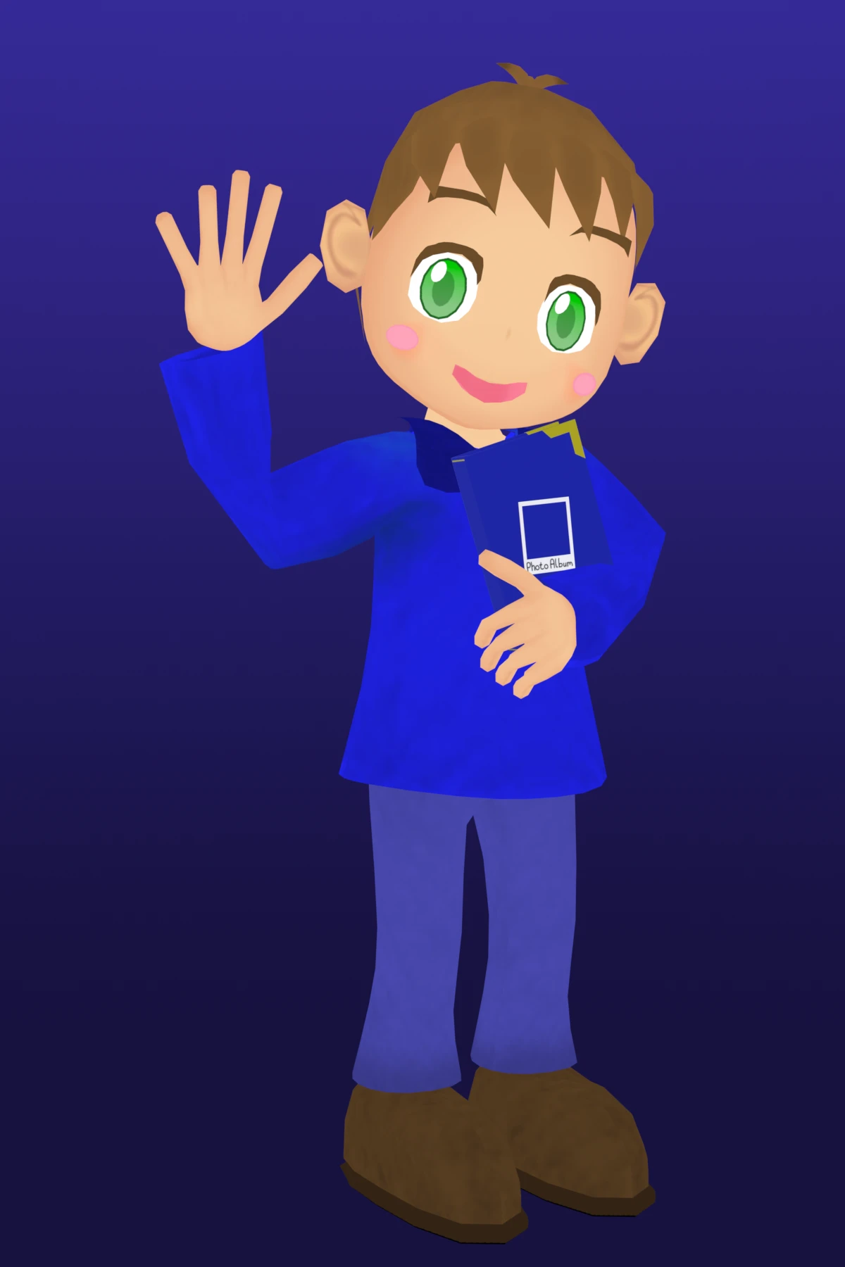 A full body photo of Nostalgia Ninja, holding a photo album in his left arm.